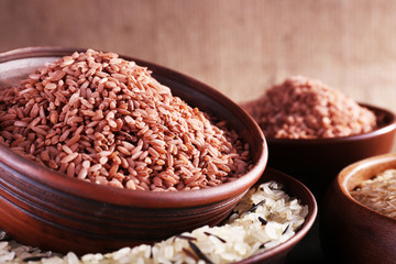 Different kinds of rice in bowls