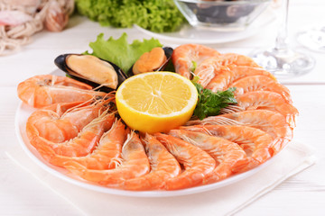 Tasty seafood on plate on table close-up