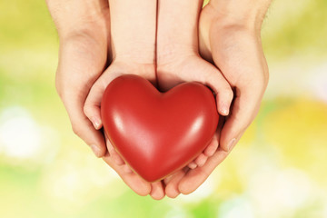 Fototapeta na wymiar Red heart in family hands on bright background