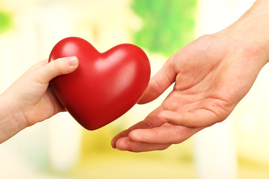 Child And Father Hands With Heart On Bright Background