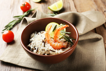 Tasty rice served on table, close-up
