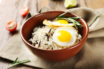 Tasty rice served on table, close-up