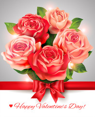 Valentine card with rose bouquet and bow. Vector