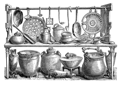 19th century engraving of Roman cooking utensils, Pompeii, Italy