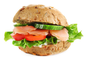 Sandwich with salmon isolated on white