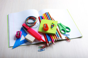 Fototapeta premium School supplies on desk, close-up