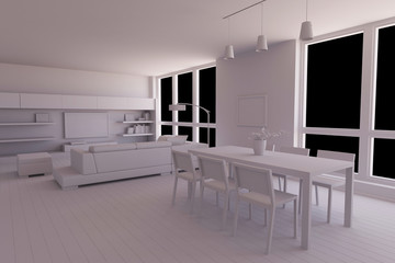 Interior render of a dining room without materials
