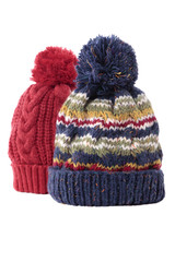 Two chunky knit warm winter bobble knit hats ski clothing isolated white background photo