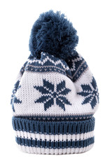 Blue knitted pattern winter bobble ski knit hat isolated white background photo