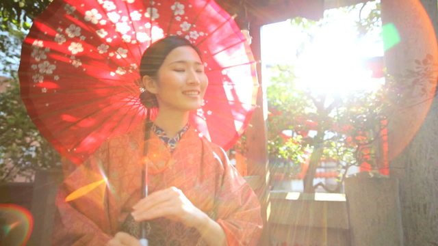 Asian Japanese Girl Traditional Kimono Outdoors Gardens Buddhist Temple
