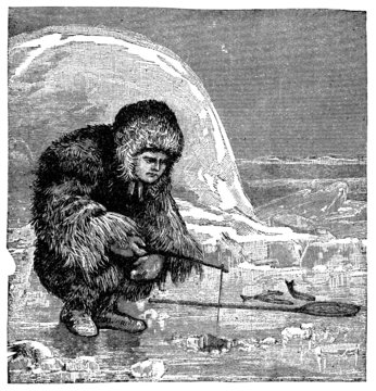 Victorian Engraving Of An Inuit Ice Fishing