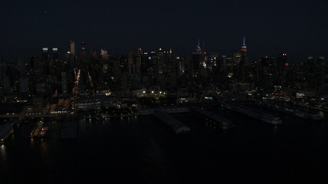 Aerial illuminated Empire State Building Manhattan skyscrapers  USA