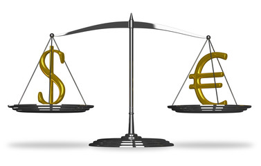 Dollar and euro sign on scales