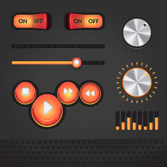 Audio player dark vector GUI elements, orange on dark gray