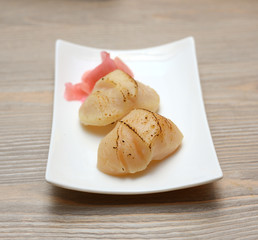 seashell sushi on white plate, Japanese food