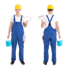 front and back view of young man painter in blue coveralls isola