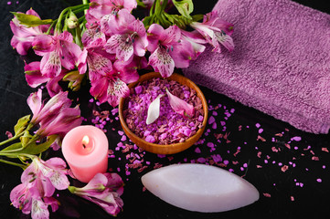 Obraz na płótnie Canvas Spa set and orchid ,candle, soap ,towel ,bowl