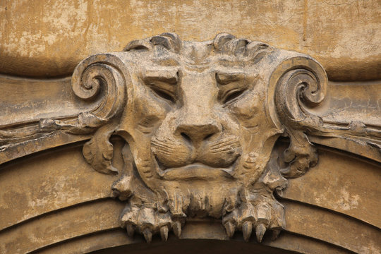 Lion head. Funny mascaron on the Art Nouveau building