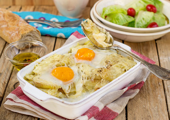French style potato gratin with cheese and eggs
