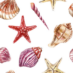 Seamless pattern with sea-shells. Watercolor illustration.