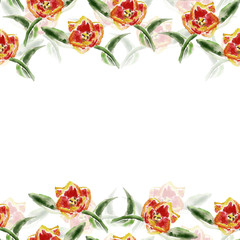 Background with tulip flowers. Watercolor illustration.