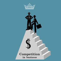 Two businessman standing on the pyramid. Competition in business
