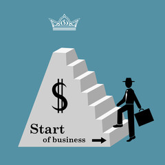 Man climbs the stairs of the pyramid. Start of business