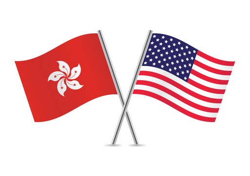 American and Hong Kong flags. Vector illustration.