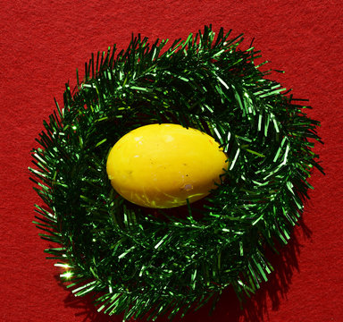 colorful eggs on red background