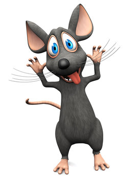 Smiling cartoon mouse doing a silly face.