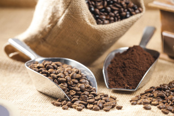 still life of coffee beans in jute bag