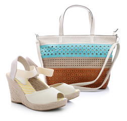 Summer shoes and  handbag on a white background - obrazy, fototapety, plakaty