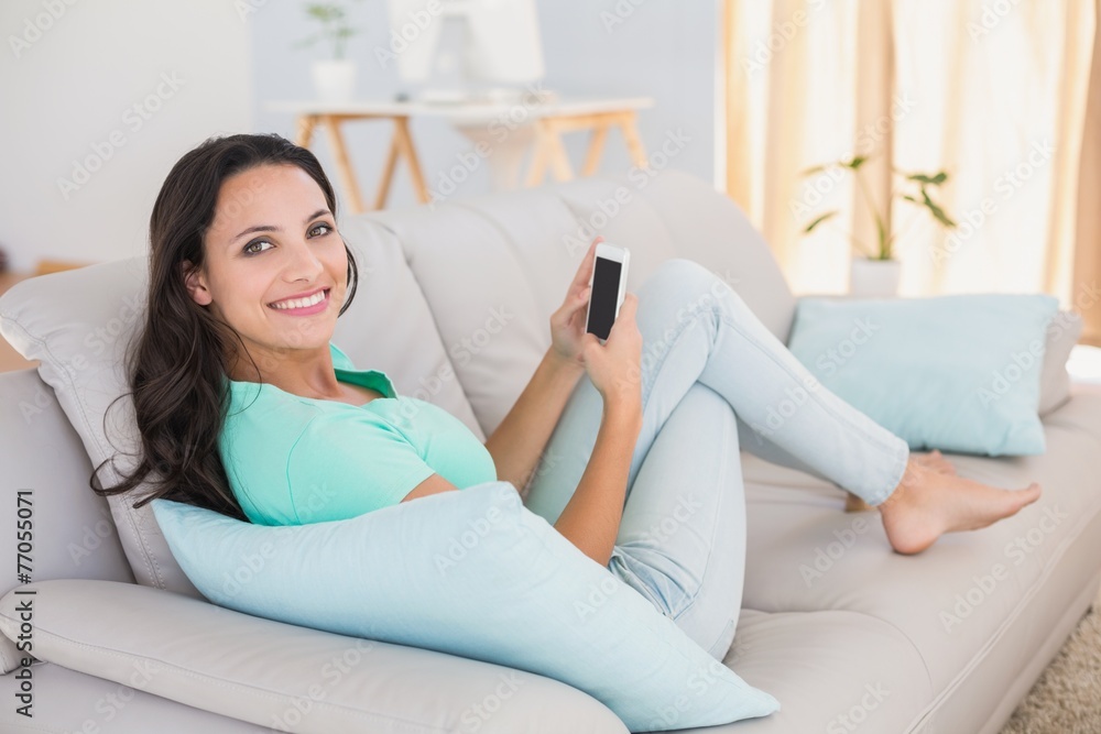 Poster pretty brunette sending a text on the couch