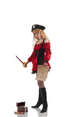 Pirate costumed women with sword and map