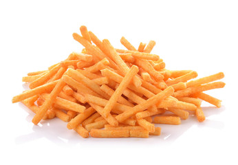 a pile of appetizing french fries on a white background