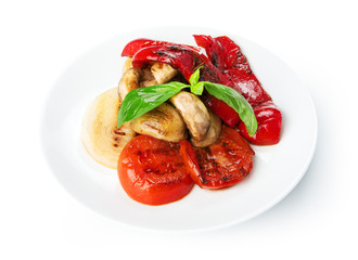 Restaurant food isolated - grilled mushrooms with tomatoes, pepp