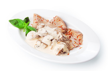 Restaurant food isolated - boiled beef tongue with mushrooms und