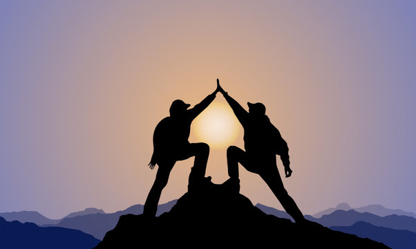 silhouette of 2 men,mountain top ,sunset