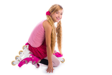 blond pigtails roller skate girl on her knees happy