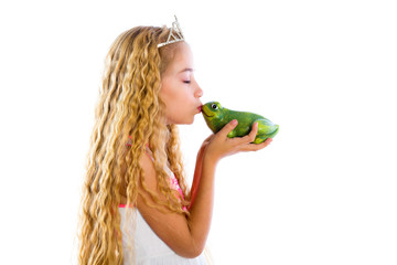 blond princess girl kissing a frog green toad