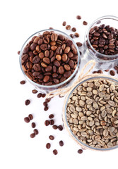 Coffee beans in glass jars isolated on white