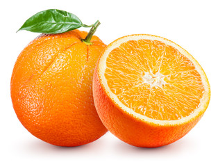 Orange fruit with leaf isolated on white.