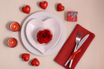 Festive table setting for Valentines Day on light background