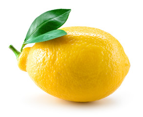 Fresh lemon fruit with leaves isolated on white