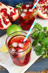 Pomegranate drink in glasses with slices of lime and mint
