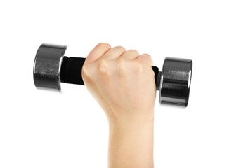 Male hand with dumbbell isolated on white