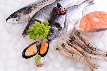 Fresh fish and other seafood on ice