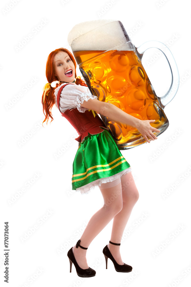 Wall mural Happy Woman in Traditional Costume Holding a Huge Beer Glass