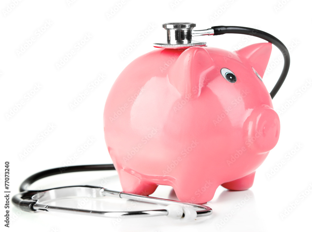 Poster pink piggy bank with stethoscope isolated on white