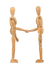 Wooden dummies shake hands